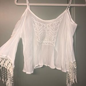 Cropped white bell sleeve shirt